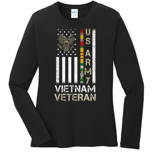 Army Vietnam Veteran Usa Flag Gift Veteran Grandpa Ladies Long Sleeve Shirt