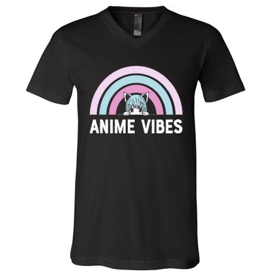 Anime Vibes Vintage Rainbow With Anime Girl V-Neck T-Shirt