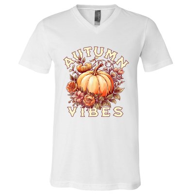 Autumn Vibes Women Pumpkin Fall Graphic Thanksgiving V-Neck T-Shirt