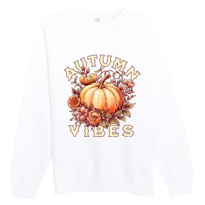 Autumn Vibes Women Pumpkin Fall Graphic Thanksgiving Premium Crewneck Sweatshirt