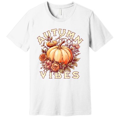 Autumn Vibes Women Pumpkin Fall Graphic Thanksgiving Premium T-Shirt