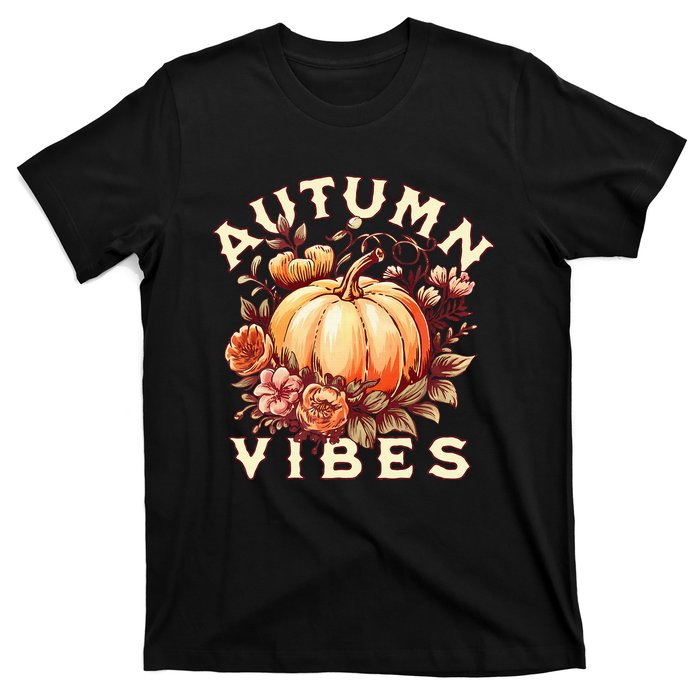 Autumn Vibes Women Pumpkin Fall Graphic Thanksgiving T-Shirt