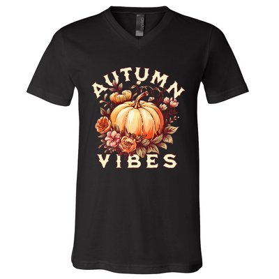 Autumn Vibes Women Pumpkin Fall Graphic Thanksgiving V-Neck T-Shirt