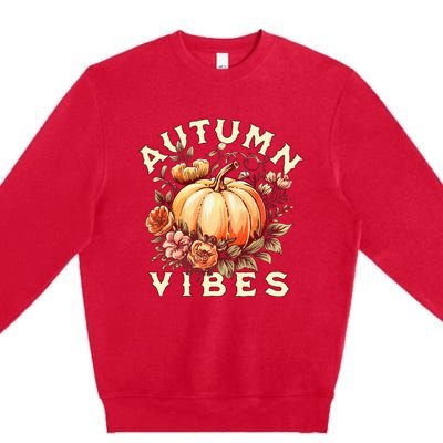 Autumn Vibes Women Pumpkin Fall Graphic Thanksgiving Premium Crewneck Sweatshirt