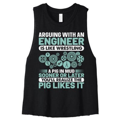 Arguing With An Engineer Is Like Wrestling A Pig In Mud Women's Racerback Cropped Tank