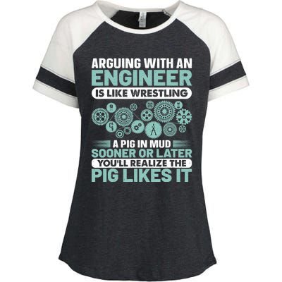 Arguing With An Engineer Is Like Wrestling A Pig In Mud Enza Ladies Jersey Colorblock Tee