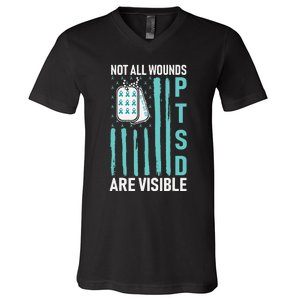 All Wounds Are Visible PTSD USA Flag PTSD Awareness Flag V-Neck T-Shirt