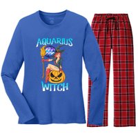 Aquarius Witch And Cute Pumpkin And Astrology Great Gift Women's Long Sleeve Flannel Pajama Set 