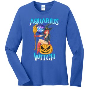 Aquarius Witch And Cute Pumpkin And Astrology Great Gift Ladies Long Sleeve Shirt