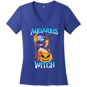 Aquarius Witch And Cute Pumpkin And Astrology Great Gift Women's V-Neck T-Shirt