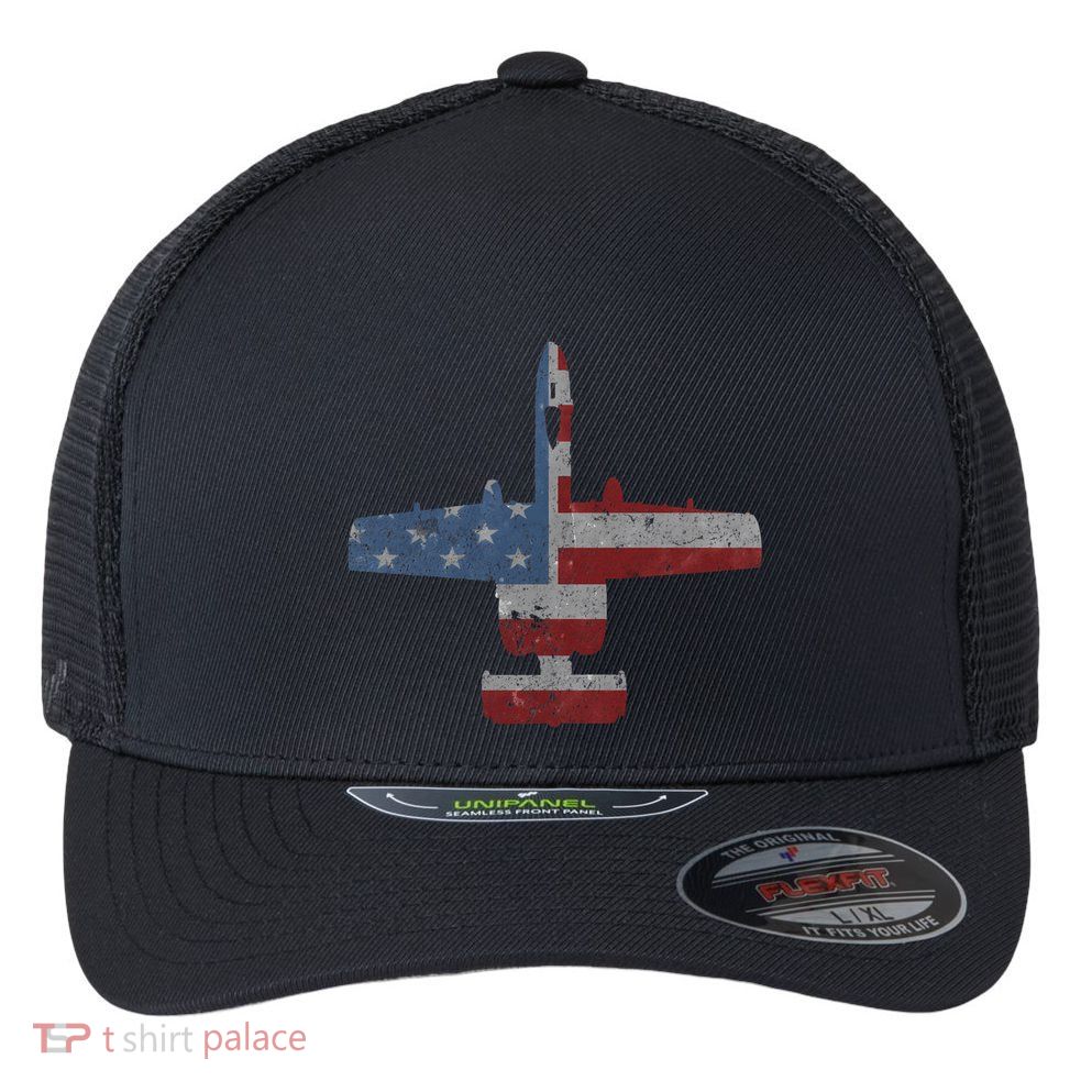 A10 Warthog Airplane American Flag Design Flexfit Unipanel Trucker Cap