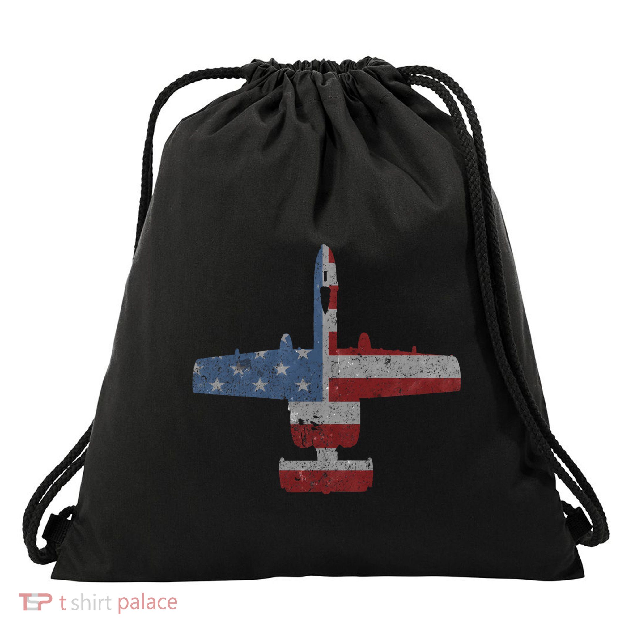 A10 Warthog Airplane American Flag Design Drawstring Bag
