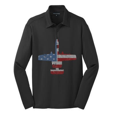 A10 Warthog Airplane American Flag Design Silk Touch Performance Long Sleeve Polo