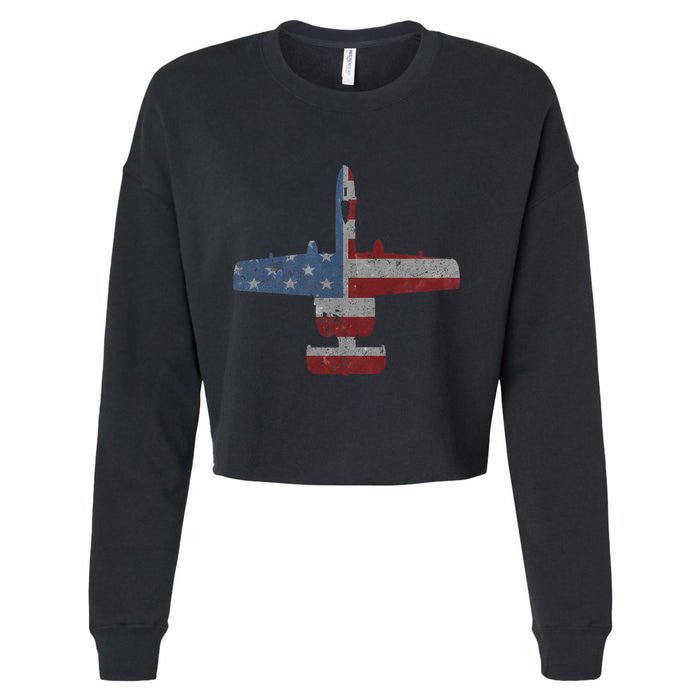 A10 Warthog Airplane American Flag Design Cropped Pullover Crew