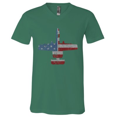 A10 Warthog Airplane American Flag Design V-Neck T-Shirt