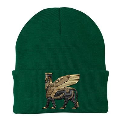 Assyrian Winged Bull Gold And Black Lamassu Over White Leather Knit Cap Winter Beanie