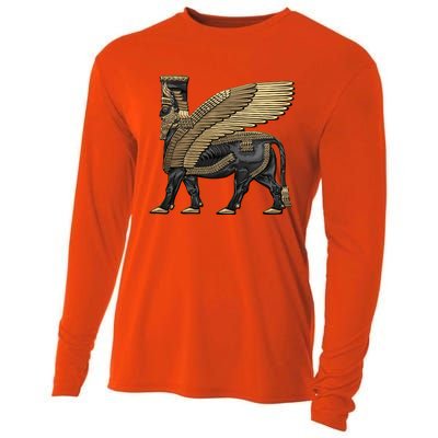 Assyrian Winged Bull Gold And Black Lamassu Over White Leather Cooling Performance Long Sleeve Crew