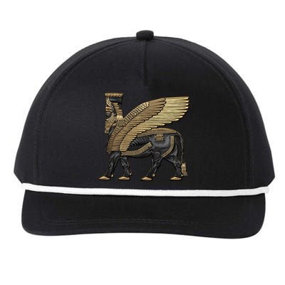 Assyrian Winged Bull Gold And Black Lamassu Over White Leather Snapback Five-Panel Rope Hat