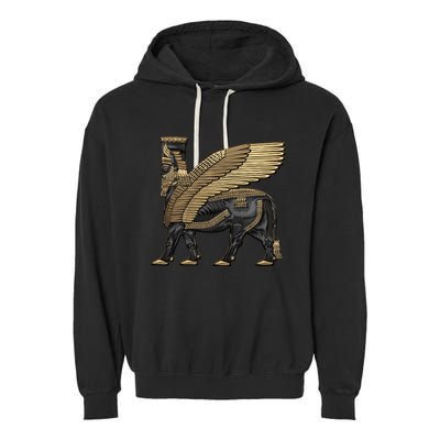 Assyrian Winged Bull Gold And Black Lamassu Over White Leather Garment-Dyed Fleece Hoodie