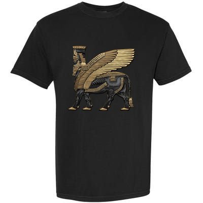 Assyrian Winged Bull Gold And Black Lamassu Over White Leather Garment-Dyed Heavyweight T-Shirt