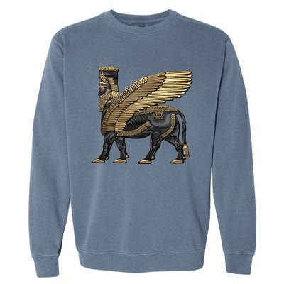 Assyrian Winged Bull Gold And Black Lamassu Over White Leather Garment-Dyed Sweatshirt