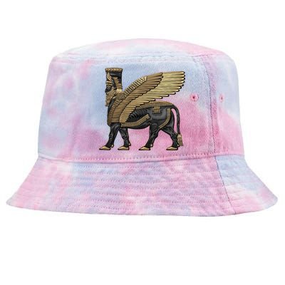 Assyrian Winged Bull Gold And Black Lamassu Over White Leather Tie-Dyed Bucket Hat