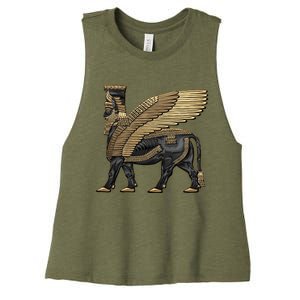 Assyrian Winged Bull Gold And Black Lamassu Over White Leather Women's Racerback Cropped Tank