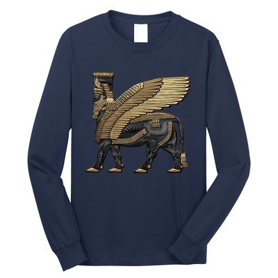 Assyrian Winged Bull Gold And Black Lamassu Over White Leather Long Sleeve Shirt