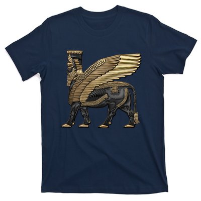 Assyrian Winged Bull Gold And Black Lamassu Over White Leather T-Shirt