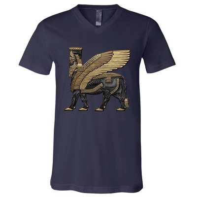 Assyrian Winged Bull Gold And Black Lamassu Over White Leather V-Neck T-Shirt