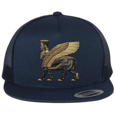 Assyrian Winged Bull Gold And Black Lamassu Over White Leather Flat Bill Trucker Hat