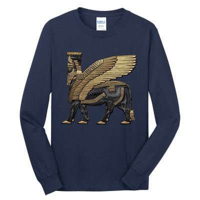 Assyrian Winged Bull Gold And Black Lamassu Over White Leather Tall Long Sleeve T-Shirt