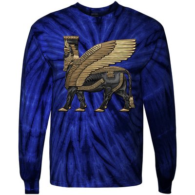 Assyrian Winged Bull Gold And Black Lamassu Over White Leather Tie-Dye Long Sleeve Shirt