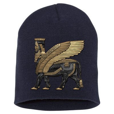 Assyrian Winged Bull Gold And Black Lamassu Over White Leather Short Acrylic Beanie