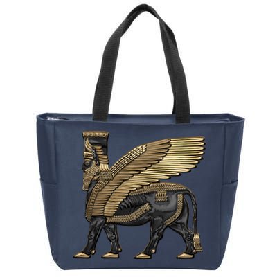 Assyrian Winged Bull Gold And Black Lamassu Over White Leather Zip Tote Bag