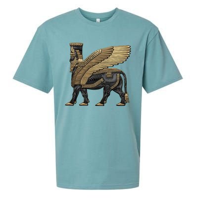 Assyrian Winged Bull Gold And Black Lamassu Over White Leather Sueded Cloud Jersey T-Shirt