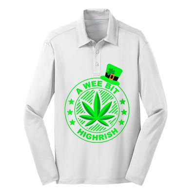 A Wee Bit Highrish Funny 420 Weed Marijuana St Patricks Day Vneck Silk Touch Performance Long Sleeve Polo