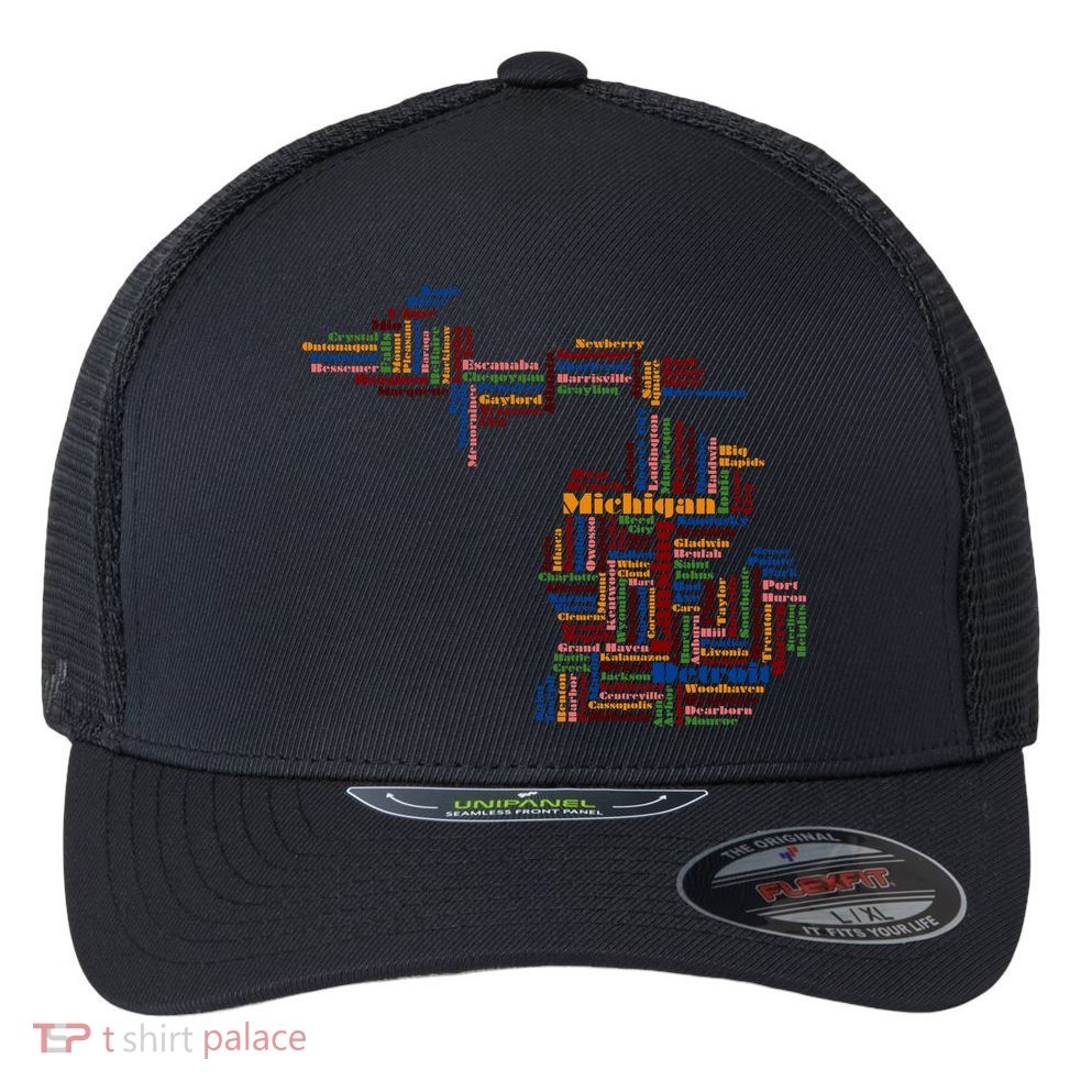 Abstract Word Cloud Map Of Michigan State Flexfit Unipanel Trucker Cap