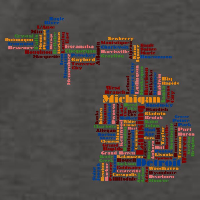 Abstract Word Cloud Map Of Michigan State Vector Backpack