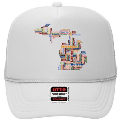 Abstract Word Cloud Map Of Michigan State High Crown Mesh Back Trucker Hat