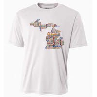 Abstract Word Cloud Map Of Michigan State Cooling Performance Crew T-Shirt