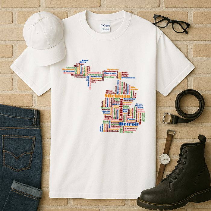 Abstract Word Cloud Map Of Michigan State Tall T-Shirt