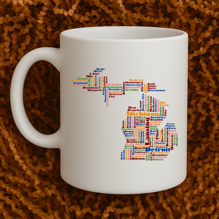 Abstract Word Cloud Map Of Michigan State Mug
