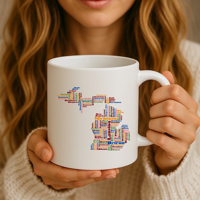 Abstract Word Cloud Map Of Michigan State Mug