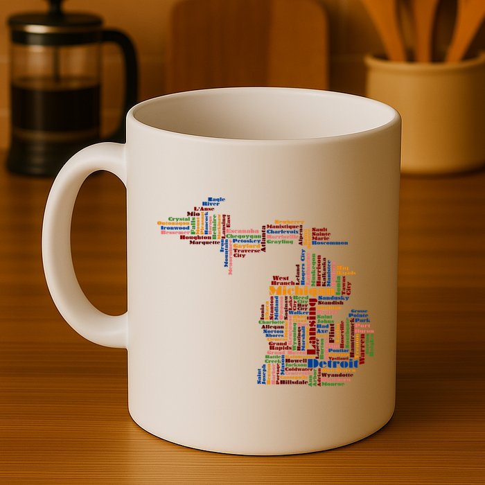 Abstract Word Cloud Map Of Michigan State Mug