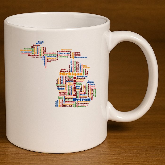 Abstract Word Cloud Map Of Michigan State 11oz C Handle Ceramic Mug