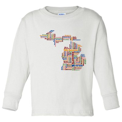 Abstract Word Cloud Map Of Michigan State Toddler Long Sleeve Shirt