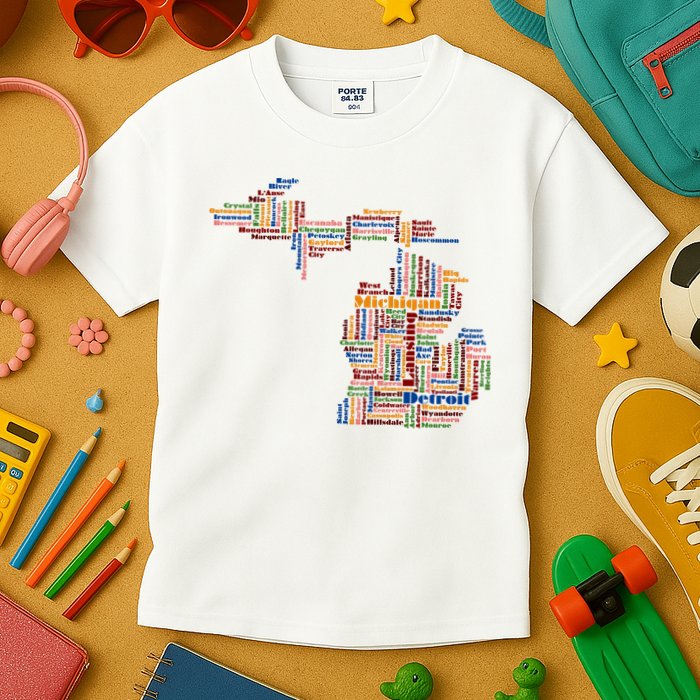 Abstract Word Cloud Map Of Michigan State Kids T-Shirt