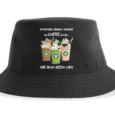 A Woman Cannot Survive On Coffee Alone She Needs Cats Sustainable Bucket Hat