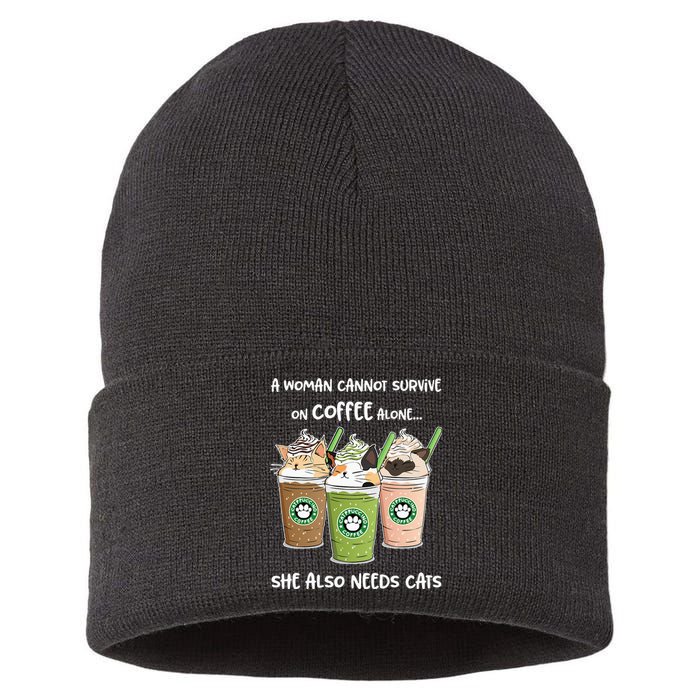 A Woman Cannot Survive On Coffee Alone She Needs Cats Sustainable Knit Beanie